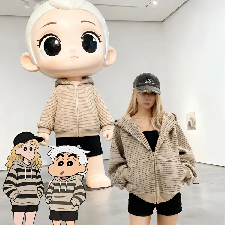 美式复古条纹连帽卫衣外套女款春秋休闲慵懒高质量拉链开衫上衣