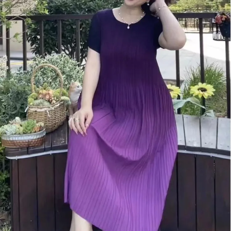 子母依百搭大码女装时尚妈妈装折褶紫色渐变连衣裙子23214CA301