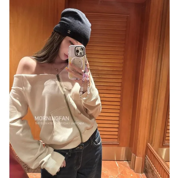 连帽卫衣拉链外套女2025秋季新款薄款斜肩短款开衫上衣