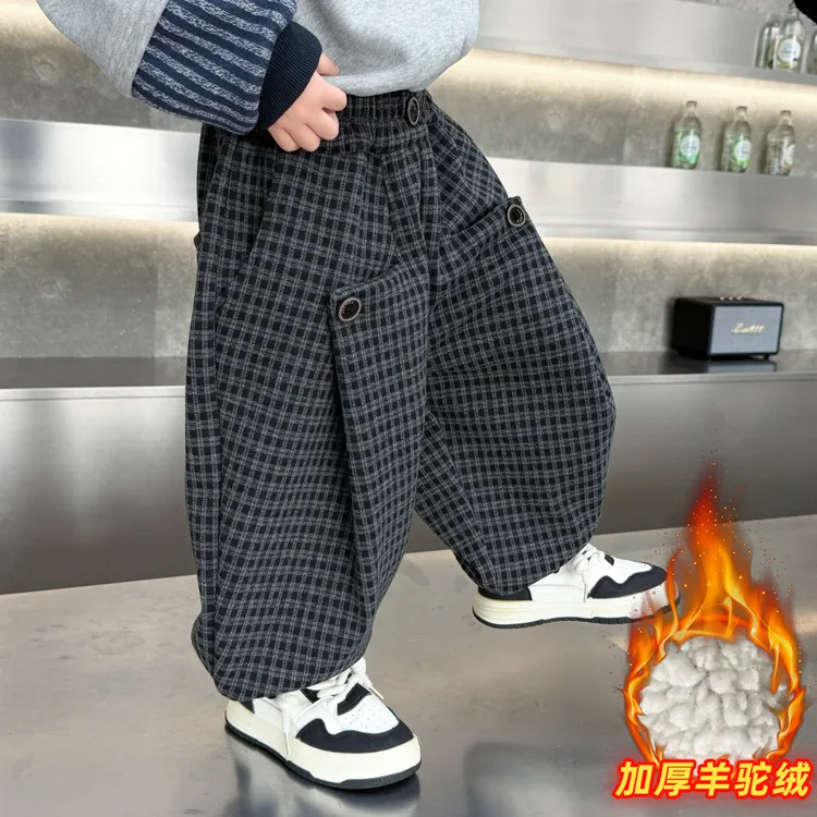 儿童加绒裤子男童格子裤秋冬2025新款洋气潮流男宝冬装加厚保暖裤