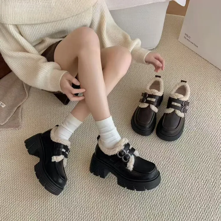 小敏家 复古英伦风加绒乐福棉鞋 冬季新款一脚蹬粗跟搭扣玛丽珍鞋