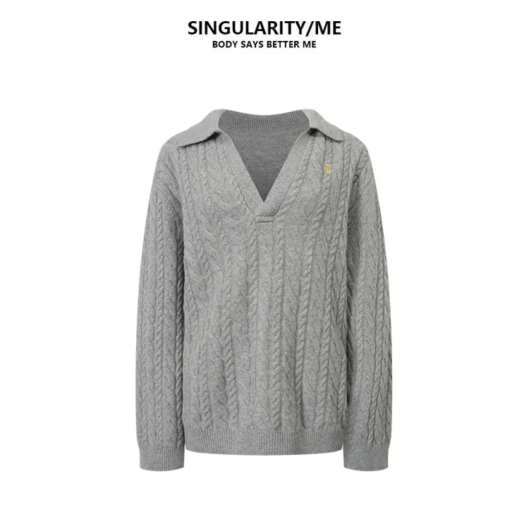 Singularity Me 12A 01210 绵羊毛刺绣绞花Polo领套头针织衫