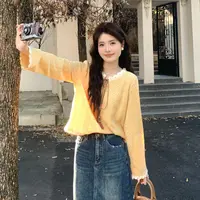 慕兔法式洋气花边拼接长袖针织衫女2025秋新款设计感时尚气质上衣