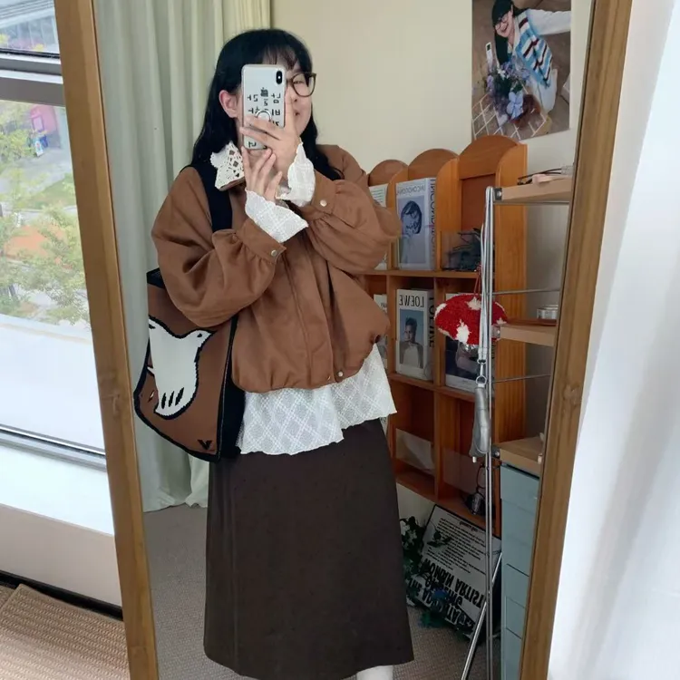 【鱼白专属】时尚套装鹿皮绒外套女百搭花边领秋季千金风短外套翻领小衫两件套