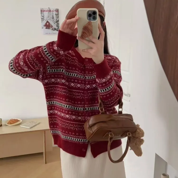 MZ.经典时尚秋冬女士三色提花针织开衫毛衣外套TZ2521