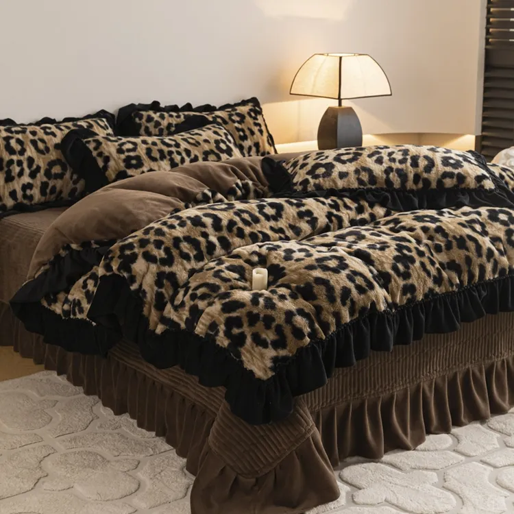 轻奢美拉德兔毛绒床盖四件套法式花边双面绒被套罩床上毛绒床单冬