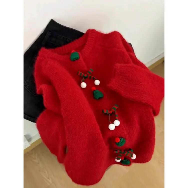 新品圣诞节穿搭红色毛衣女秋冬慵懒风高级感加厚软糯针织开衫外套
