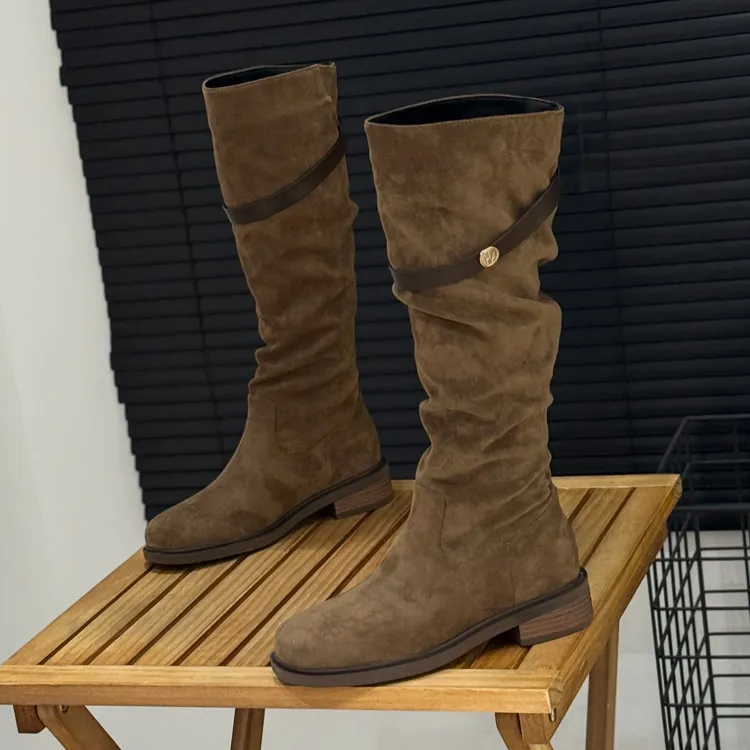 复古绒面粗跟骑士靴女2025秋冬新款皮带扣不过膝长靴女西部牛仔靴