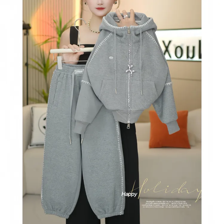 女童加绒套装秋冬2025新款儿童一体绒卫衣开衫加厚冬季裤子两件套