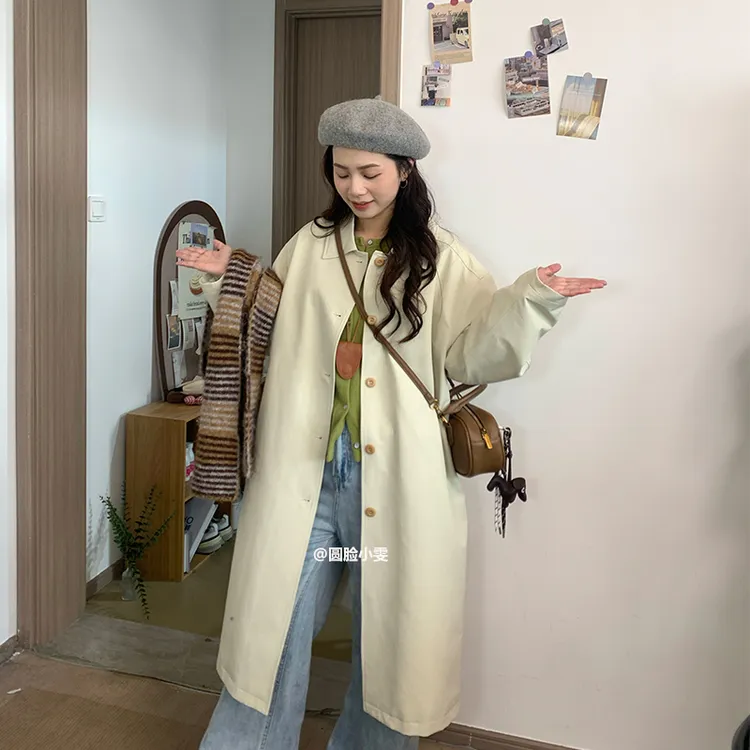 圆脸小雯/【平静的你】衬衫式翻领大衣轻薄高密度织长款风衣羽绒服
