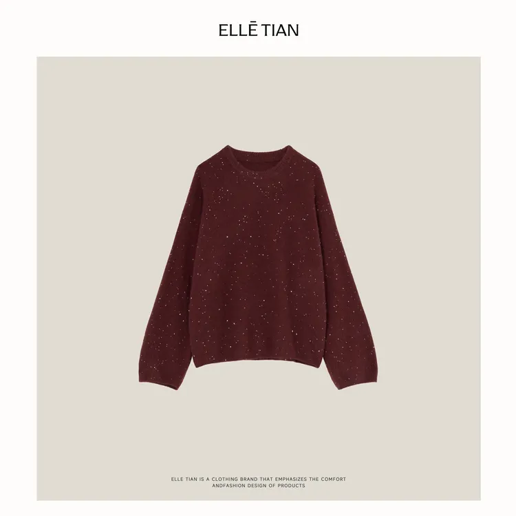 ELLETIAN "高光时刻"绵羊毛+特种动物毛圆领亮片毛衣EADM082