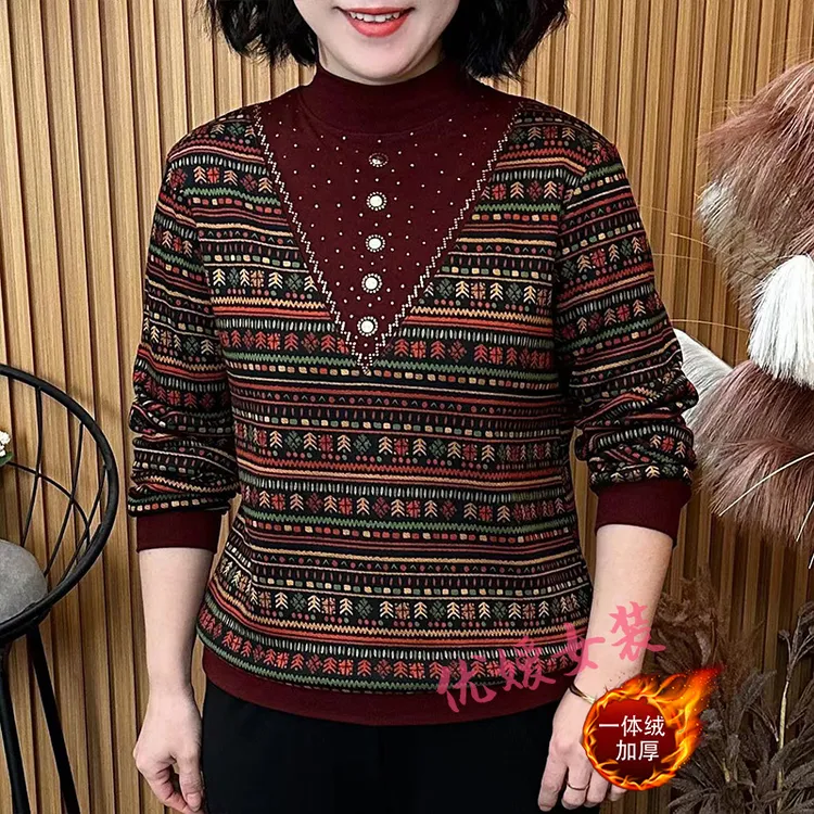 中老年女装冬季加绒半高领条纹烫钻保暖显瘦洋气妈妈装长袖上衣