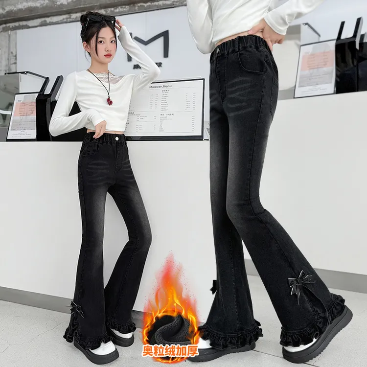 女童加绒牛仔裤秋冬新款洋气儿童加厚一体绒喇叭裤中大童弹力裤子