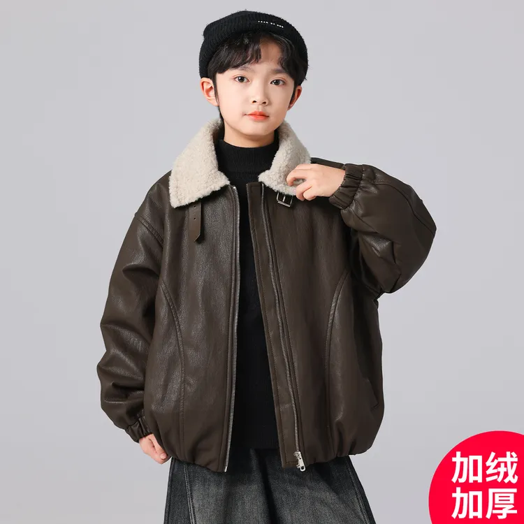 男童冬装加绒加厚皮衣外套2025新款冬季棉服中大童儿童男孩冬款潮