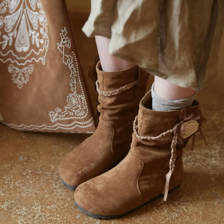 暮四新品秋冬圆头内增高复古植物系百搭流苏短靴加绒冬季