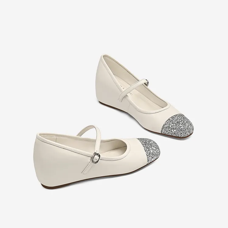 真皮内增高玛丽珍女鞋2025秋季新款高跟鞋亮片一字带通勤浅口单鞋