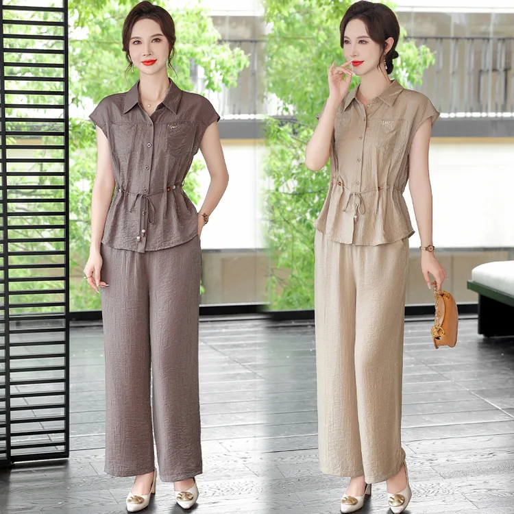 新款妈妈夏装时尚衬衫套装中年女夏季短袖气质上衣洋气显瘦两件套