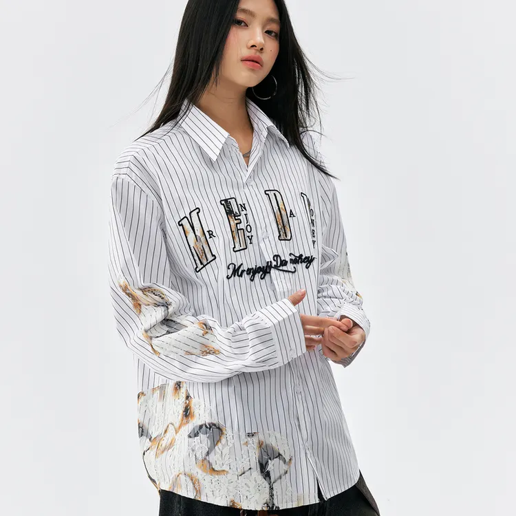 MEDM潮牌条纹蕾丝休闲长袖翻领衬衫新品春秋宽松开衫衬衣情侣外套