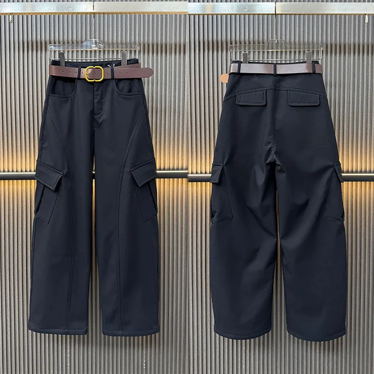 冬季加绒加厚休闲裤腰带款工装风弯刀裤高腰百搭阔腿裤女休闲长裤