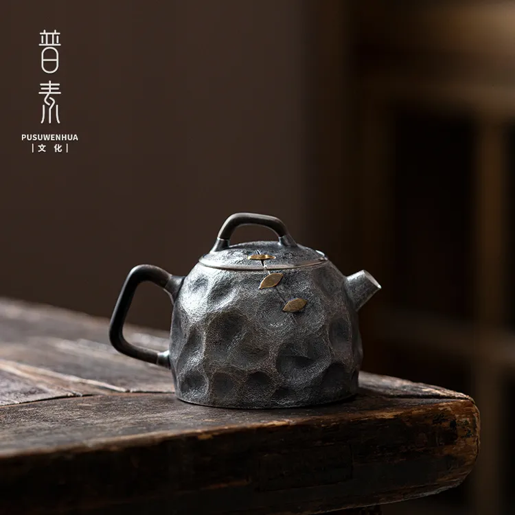 普素 小洞天泡茶壶纯手工一张打银壶足银999中式复古侘寂风茶壶