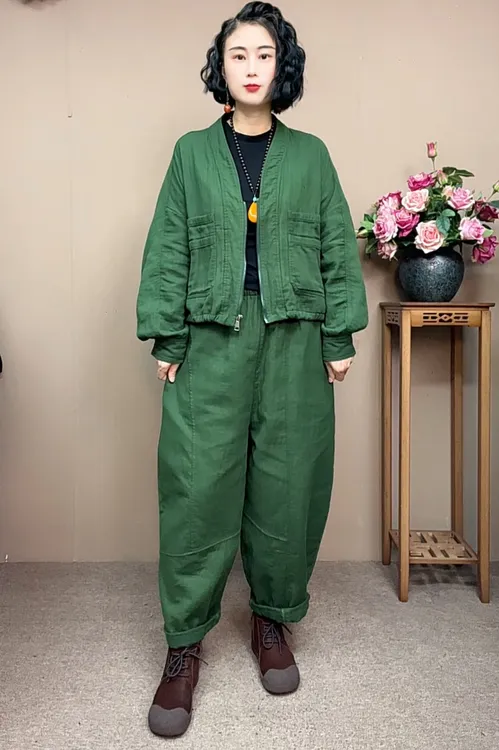 ZX0555秋冬新款大码V领短款长袖外套宽松遮肉大版哈伦裤两件套
