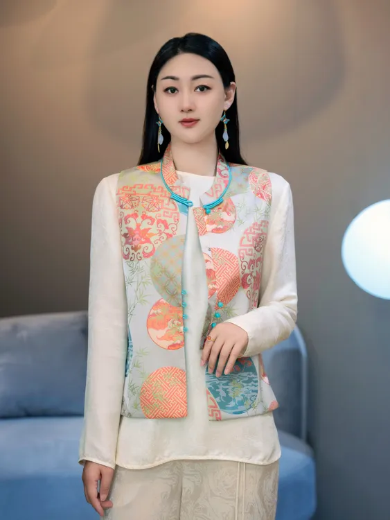 【子馨】新中式国风复古时尚百搭宽松版印花马甲HF-870218