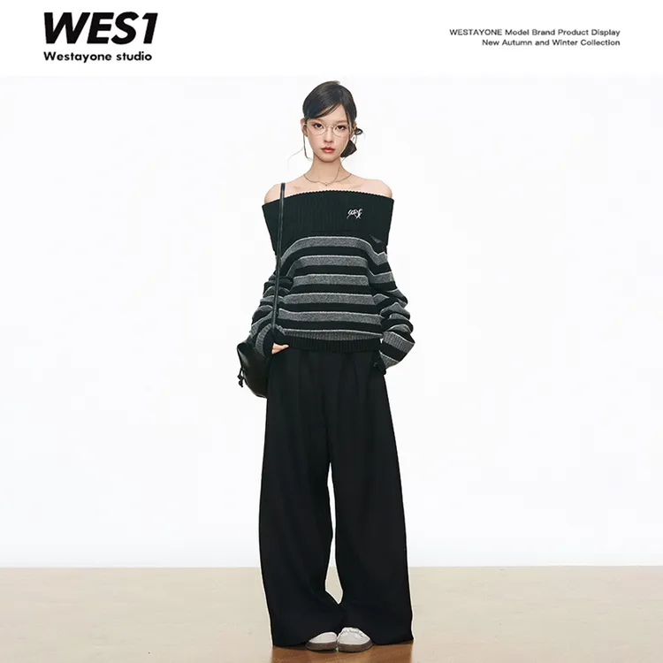 WESTAYONE 条纹一字肩毛衣上衣女慵懒风+黑色西装阔腿裤