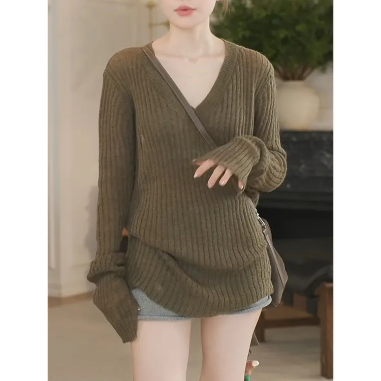 慵懒风灰色v领打底衫女2025秋冬季内搭上衣修身坑条长袖针织毛衣