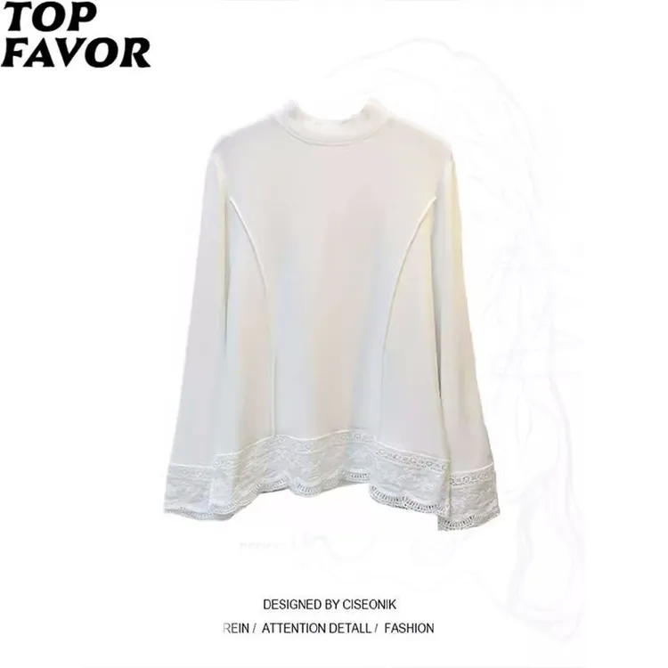 大码女装德绒韩版蕾丝拼接长袖上衣女秋冬季新款宽松显瘦打底衫女
