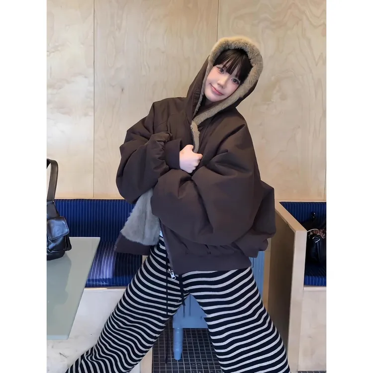 【双面座山雕】新款美式复古连帽重磅帆布男女情侣款座山雕棉服夹克