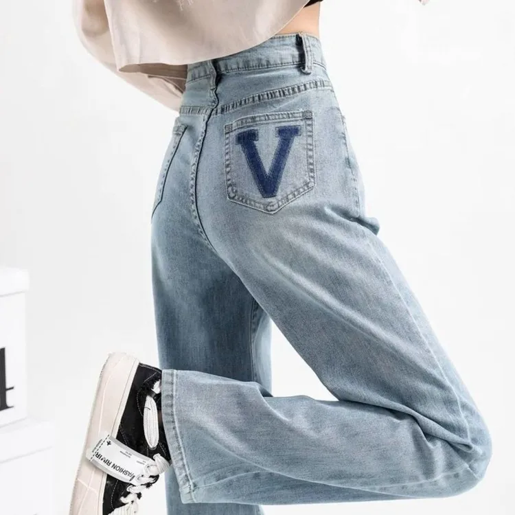 V字母设计感直筒牛仔裤女港风春秋新款高腰显高显瘦阔腿拖地长裤