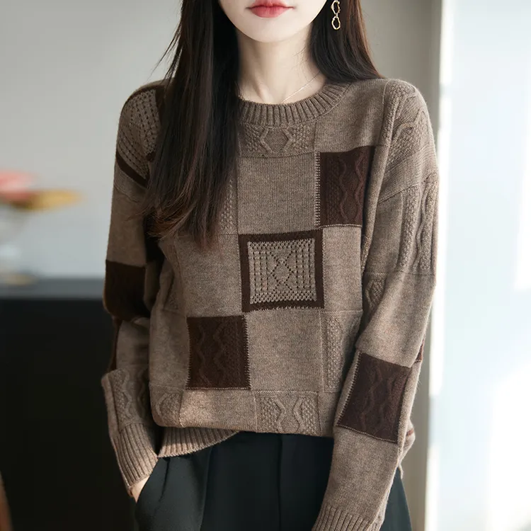 品牌时尚女装秋冬时尚保暖针织衫洋气打底衫圆领方格保暖毛衣女