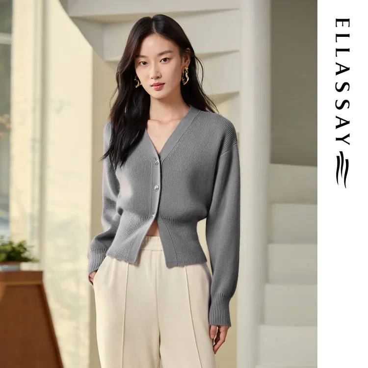 ELLASSAY/歌力思2025新款气质V领长袖复古针织衫女EWB363M01900