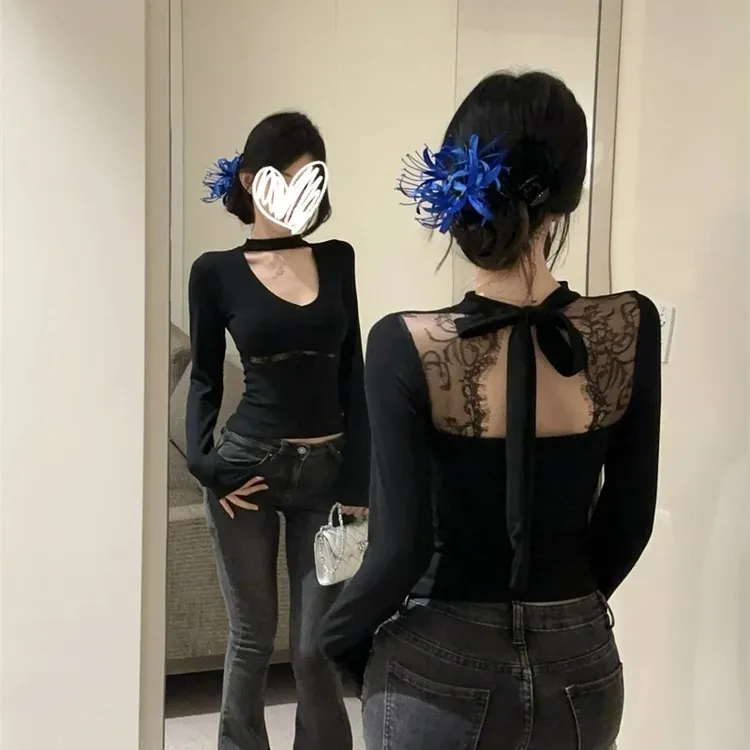 美式辣妹风后背蕾丝拼接挂脖V领内搭长袖T恤女装秋冬修身打底上衣