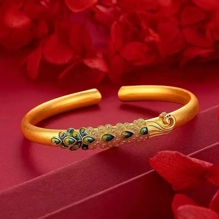 铜合金手镯 国潮珐琅彩孔雀开口手镯复古滴油铜合金饰品