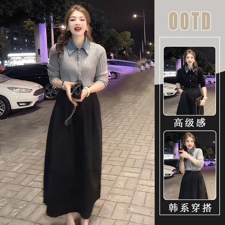 拼接polo领长袖学院风减龄短款上衣秋季2025新款黑色半身裙两件套