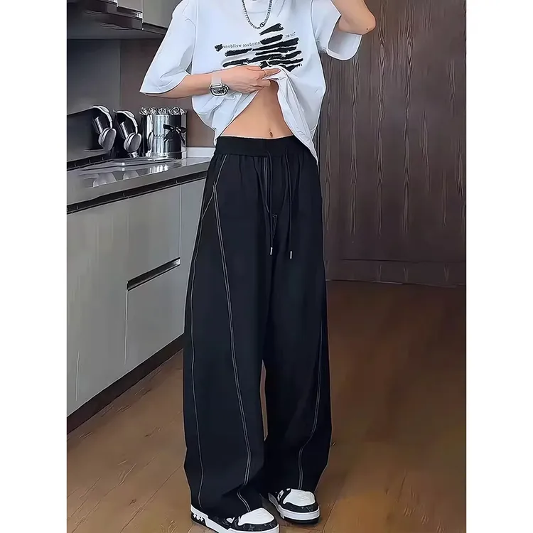 冰丝凉感速干条纹设计明线拼接休闲裤男女夏松紧腰白灰色弯刀裤子