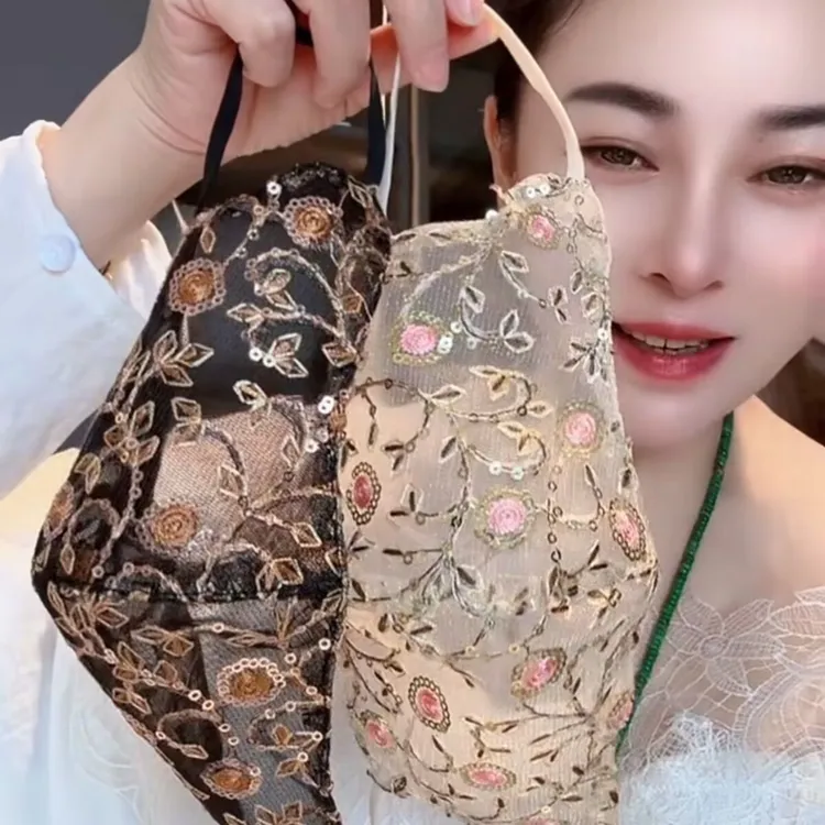 新款蕾丝防晒口罩亮片玫瑰花女透气亲肤百搭口罩夏季双层薄款面罩