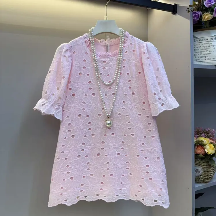 时尚大码女装洋气镂空高级感木耳边简约气质短袖女人衫