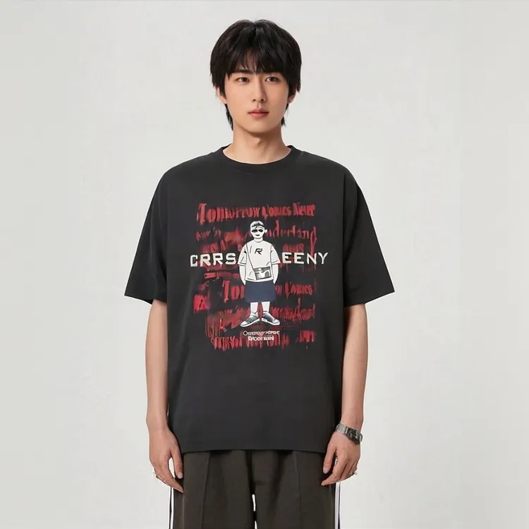 潮男款宽松落肩圆领T恤字母夏季印花潮流上衣短袖