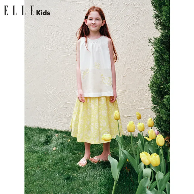 ELLE KIDS 法式度假风挂脖背心女童夏季新款撞色绣花抽褶上衣A2