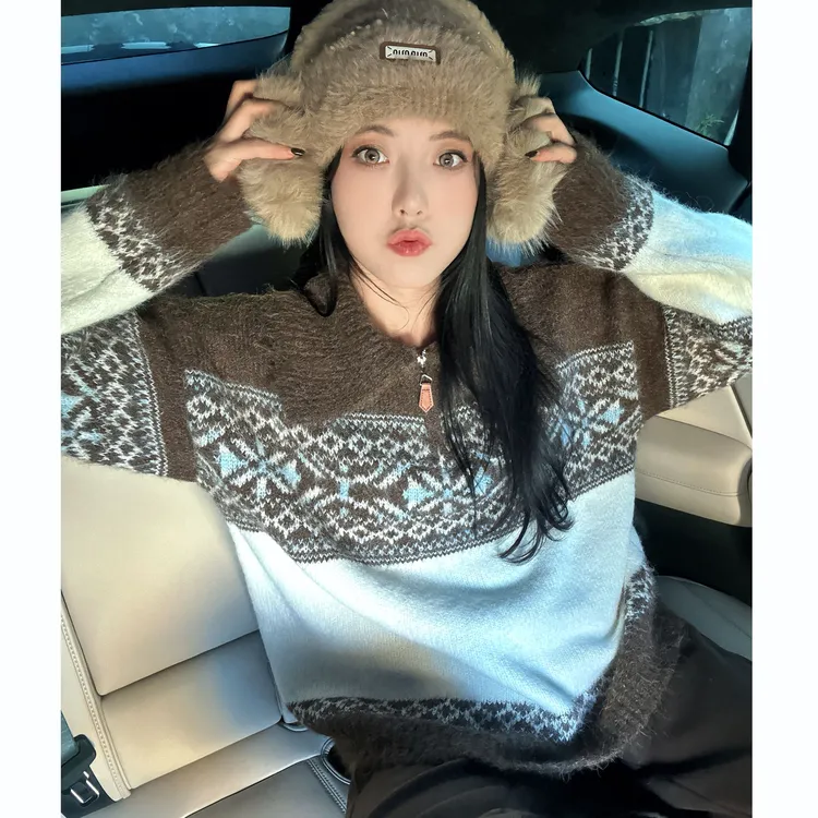 复古费尔岛半拉链毛衣秋冬季上新外穿轻奢高级针织衫毛衣外套