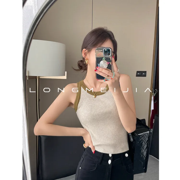 针织吊带背心女内搭2025新款法式别致打底秋外穿撞色修身无袖上衣