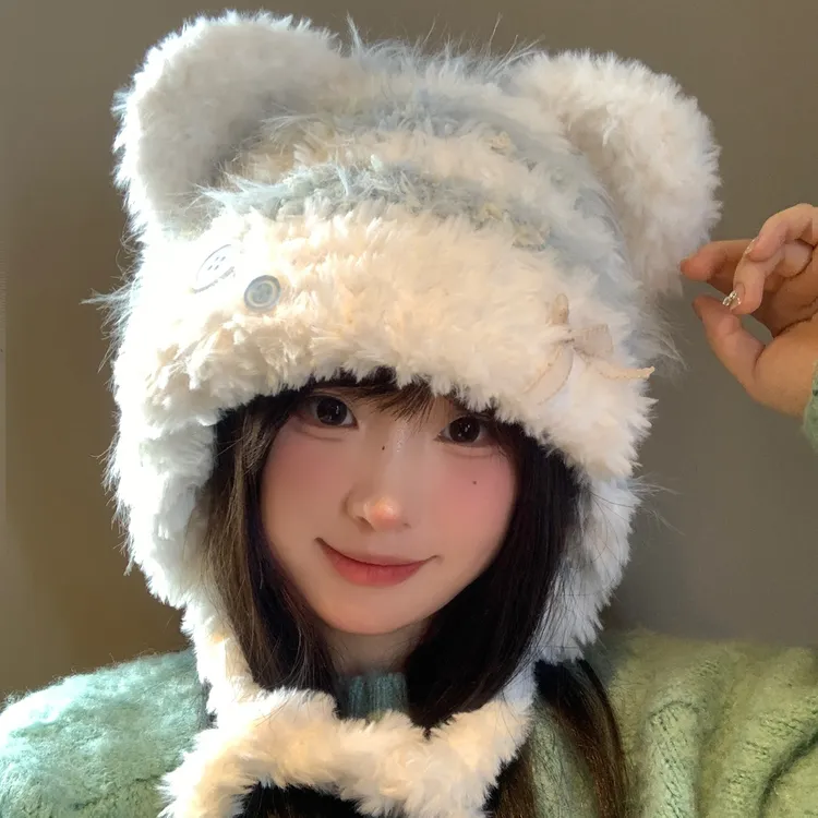 可爱猫耳朵毛绒针织帽子女秋冬季保暖加厚大头围显脸小护耳雷锋帽