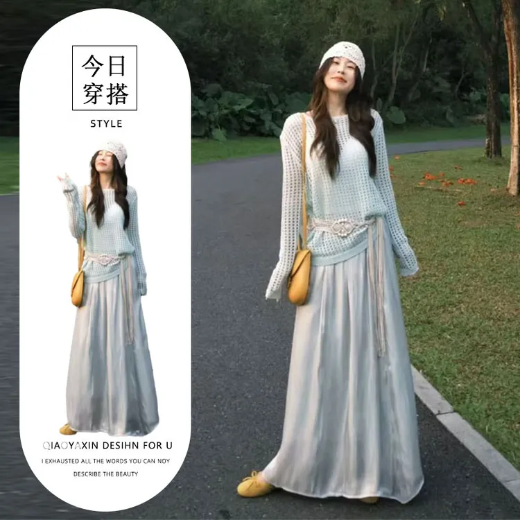 韩系慵懒风镂空上衣防晒针织衫女夏季高腰垂感半身裙温柔风两件套