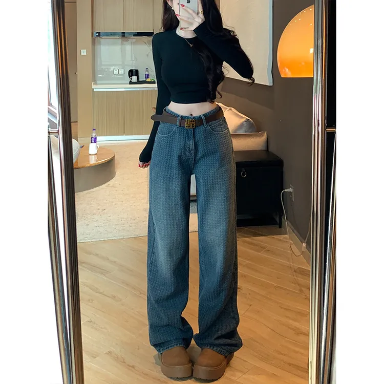 重工设计感小香提花阔腿牛仔裤女2025秋季新款高腰休闲垂感长裤