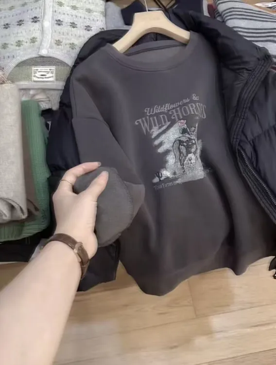 七言家巨好穿！#茶灰女孩加绒加厚卫衣@