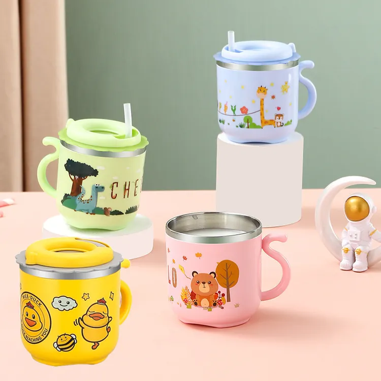 紫砂304不锈钢带吸管水杯幼儿园口杯双层可爱儿童牛奶杯子小黄鸭