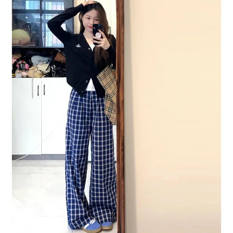 高个子加长蓝色格子裤女春秋赵露思同款慵懒风直筒休闲阔腿拖地裤