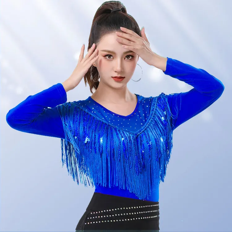 拉丁舞上衣女广场跳舞衣国标舞摩登舞服吉特巴长袖亮片流苏舞蹈服